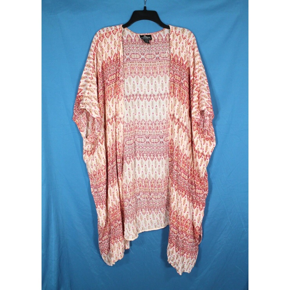 ANGIE Pink/Cream CREPE Open-Front BOHO PRINTED Topper Kimono Cardigan Sz M